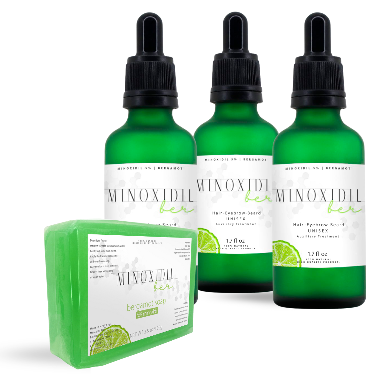Minoxidil 5% + Bergamot for Beard and Hair | Unisex Kit with Soap + 3 Treatments