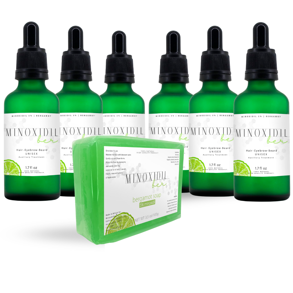 Minoxidil 5% + Bergamot for Beard and Hair | Unisex Kit with Soap + 6 Treatments
