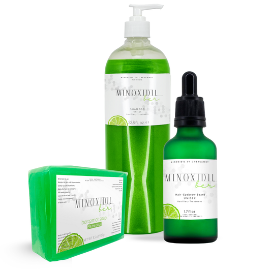 Minoxidil 5% + Bergamot for Beard and Hair | Unisex Kit with Soap + 1 Treatment + 1 Liter Shampoo